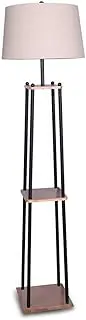 Metal Etagere Floor Lamp with Wood Shelf & Cream Linen Fabric Shade