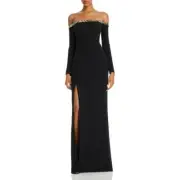Long Black Dress Embellished Runway Off-The-Shoulder "Aidan Mattox" /Size 2 US