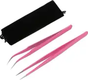 Pink Eyelash Extension Tweezers Set with Cloth Bag 3 Piece Stainless Steel