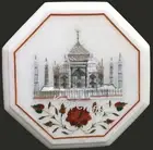 White Marble Coffee Table Top Taj Mahal Pattern Inlay Work Patio Side Table Top