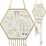 Jetec 2 Pcs Earring Wall Holder Wall Mounted Earring Organizer Hanging Jewelry Stand Decorative Diamond Grid Shape Display Rack with Hooks for Earrings Necklace Bracelet(Gold)