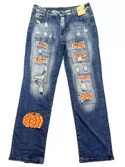 Halloween Orange Pumpkin Patchwork Distressed Straight Leg Jeans Blue Sz XXL