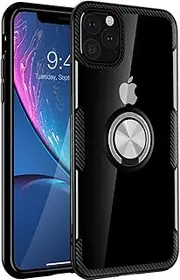 iPhone 11 Case 6.1 inch 2019, Carbon Fiber Design Clear Crystal Anti-Scratch Case with 360 Degree Rotation Ring Kickstand(Work with Magnetic Car Mount) for Apple iPhone 11,Black