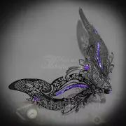 Womens Feline Inspired Laser-Cut Metal Masquerade Ball Mask [Purple Rhinestone]