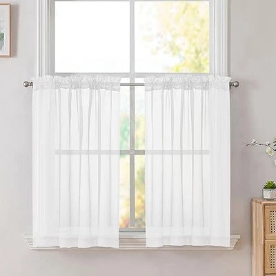 Short Sheer Kitchen Cafe Curtains 36-42 Inch, 42"W x 36"L (Pack of 2) White
