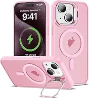 ELEPIK for iPhone 13 Case, [Compatible with MagSafe] [Military-Grade Protective] [Built-in Adjustable Stand] Slim Protective Matte Silicone iPhone 13 Phone Case, Pink