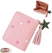 [Generic] Girls Purse, Cute Slim Short Small Kids Wallet with Embroidery Hearts, PU Leather Ladies Purse with Tassel Zipper for Teens Girls Women (Pink)