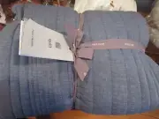 West Elm European Linen Linework Quilt full queen 1 euro sham indigo blue New