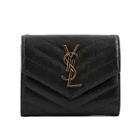 在飛比找誠品線上優惠-【YSL】山形紋荔枝皮金字logo三折短夾(黑色)/ 平行輸