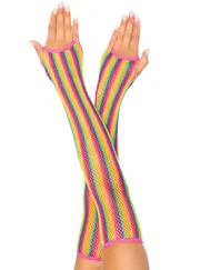 Rainbow Elbow Length Fingerless Fishnet Costume Gloves
