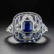 Art Deco Style Emerald Sapphire & Lab Created Diamond 14k White Gold Finish Ring