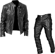 [Zadaos] Men's Motorcycle Set Leather Jacket and Pants Two-Piece Pu Leather Casual Set Clothing
