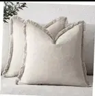 Set of 2 Decorative Linen Fringe Throw Pillow 18"x18", 2 Pieces Natural Beige