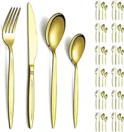 Evanda Gold Cutlery Set 48 Piece Service for 12, Titanium Gold Plated Stainless Steel Flatware Set, Knives Forks Spoons Cutlery Set for Wedding, Parties, Birthday, Restauroom, Dishwasher Safe