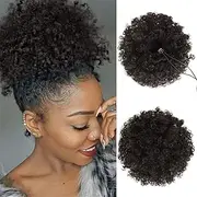 Afro Puff Ponytail Extensions 8 Inch Short Kinky Curly Drawstring Ponytail Hair Ponytail with 2 Clips Curly Afro Bun Hair Extensions for Black Women (2#)