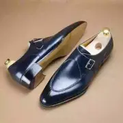 Elegant Handmade Blue Leather Monk Strap Shoes – Custom Dress & Casual Wear
