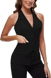 [Kyzoeyou] Women's Cropped Waistcoat 3 Button Halter Notch Lapel Waistcoats Formal Tuxedo Suit Vest Single Welted Pockets Office Gilet