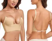 [Wekofi] Women's Deep Plunge Bra Convertible Push Up Low Cut Underwire Padded Backless Bra