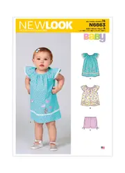 New Look Sewing Pattern N6663 6663 Infants' Dress, Top with Appliques & Trims & Pants with Bows At Hem