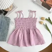 Tie Shoulder Plain Shirred Peplum Camisole Top Pink - One Size