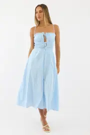 Blue Stripe Midi Dress Ribbon Detail Strappy - Size 16XL, Women's Midi Dress