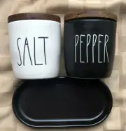 New RAE DUNN Salt & Pepper Cellars w/ Wood Lids Black And White on Black Tray