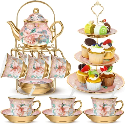 21Pcs Porcelain Teapot Set with Metal Holder and Cupcake Stand Ceramic Tea Pot C
