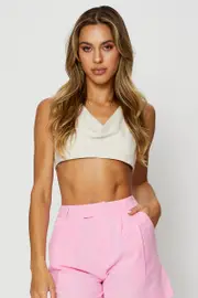 Beige Crop Top Cowl Neck Linen Blend - Size 14, Women's Crop Top