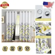 100% Blackout Thermal Insulated Curtains - Yellow and Grey Floral Pattern