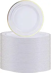 SENENQU 40 Pack Reusable Plastic Plates, 26cm / 10 inch Plastic Party Plates with Gold Rim, Unbreakable Plastic Dinner Plates for Weeding Birthday Party Catering