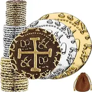 Pirate Coins - 36 Bronze, Silver & Gold Treasure Coin Set, Metal Replica Spanish Doubloons for Board Games, Tokens, Cosplay - Realistic Money Imitation, Pirate Treasure Chest - M, L. XL Sizes Mix