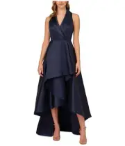 Adrianna Papell Womens Mikado Tuxedo High Low Gown Dress, Blue, 6