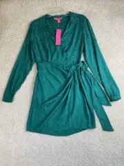 Lilly Pulitzer Dress 00 Green Leopard Y2K Floral Wrap Skirt Long Sleeve NEW