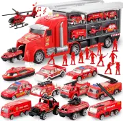 Fire Truck Vehicle Toy Set Fire Engine Vehicles in Carrier Truck, Sounds/Lights,