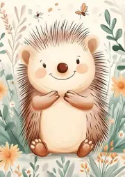 Happy Sitting Hedgehog Porcupine Nursery Kids Room Wall Art Print 8.5"x11"