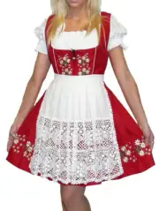 L 16 Dirndl German Dress + Lace Apron + Top EMBROIDERED Oktoberfest Red Short