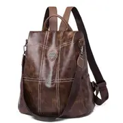 Multi-function Anti-theft Waterproof Casual Fashion Ladies PU Leather Backpack Crossbody Bag (Brown)