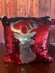 DEI Red & Silver Sequin Reversible Christmas Pillow striking reindeer design