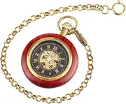 [CONGARTENO] Retro Mechanical Pocket Watch Wood Grain Roman Numerals Hanging Chained Decorative Watch