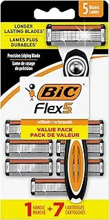 BIC Flex 5 Refillable Razors for Men, Long-Lasting 5 Blade Razors for a Smooth and Comfortable Shave, 1 Handle and 7 Cartridges, 8 Piece Shaving Kit