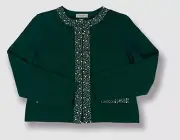 $1490 St John Women's Green Wool Rhinestone Zip-Up Cardigan Coat Jacket Size 14
