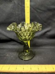Vintage Fenton Art Glass Colonial Green Thumbprint Ruffled Compote Comport