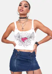 [Jaded London] Heartbreaker Graffiti Print & Rhinestone Rib Cami Top