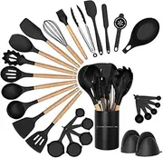 [oolong] 28-Piece Silicone Kitchen Utensil Set, Heat-Resistant (446°F) Non-Stick Safe Cookware Tools with Wooden Handles & Organizer, BPA-Free, Dishwasher Safe