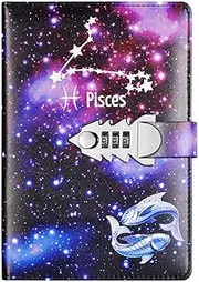 JunShop Locking Diary Combination Lock Journal Constellation Writing Diary A5 Starry Sky Lock Leather Notebook (Pisces)
