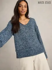 White Stuff Blue Tammy Textured V-Neck Jumper (F20590) | $84