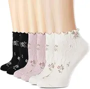 [bropapa] Women’s Ruffle Ankle Socks Vintage Pattern Short Casual Fashion Dress Sock Cute Princess Lettuce Embroidery Floral Rose Socks 6 Pack, 6pairs(black,white,pink), 5-9