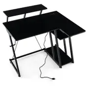 Costway L-Shaped Computer Desk w/Monitor Shelf Headphone Hook Outlets & USB Ports Black