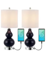 JONATHAN Y Cora 22In Set Of 2 Vintage Glass Chrome LED Table Lamp With USB Charging Port