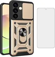 [Asuwish] Phone Case for Samsung Galaxy S24 5G with Slide Camera Cover and Tempered Glass Screen Protector Hard Stand Ring Holder Hybrid Kickstand Mobile Cell Accessories S 24 24S G5 Women Men Gold